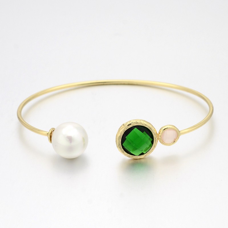 PandaHall Nickel Free Unfading Golden Plated Brass Glass Cuff Bangles, Torque Bangles, with Round Acrylic Pearl, Green, 43x54mm Glass Green