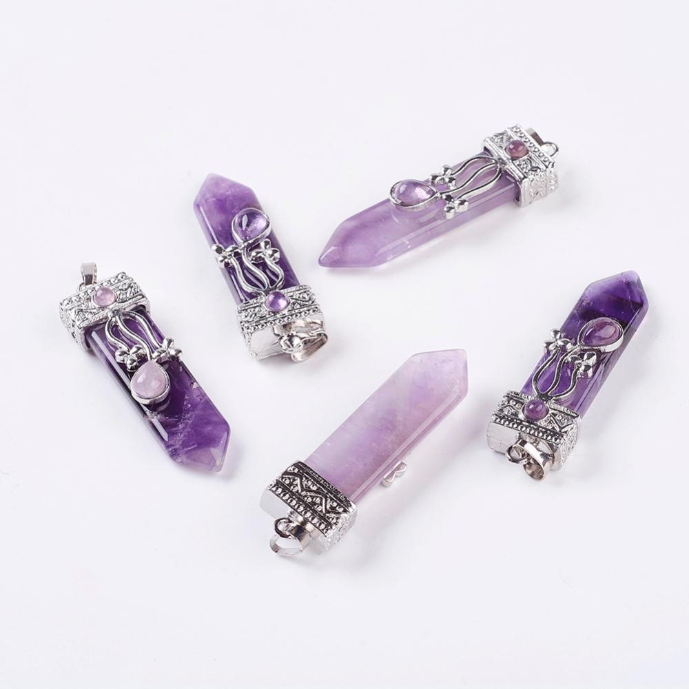 PandaHall Natural Amethyst Big Pendants, with Alloy Findings, Arrow, Platinum, 56~58x16x10mm, Hole: 5x7mm Amethyst Others