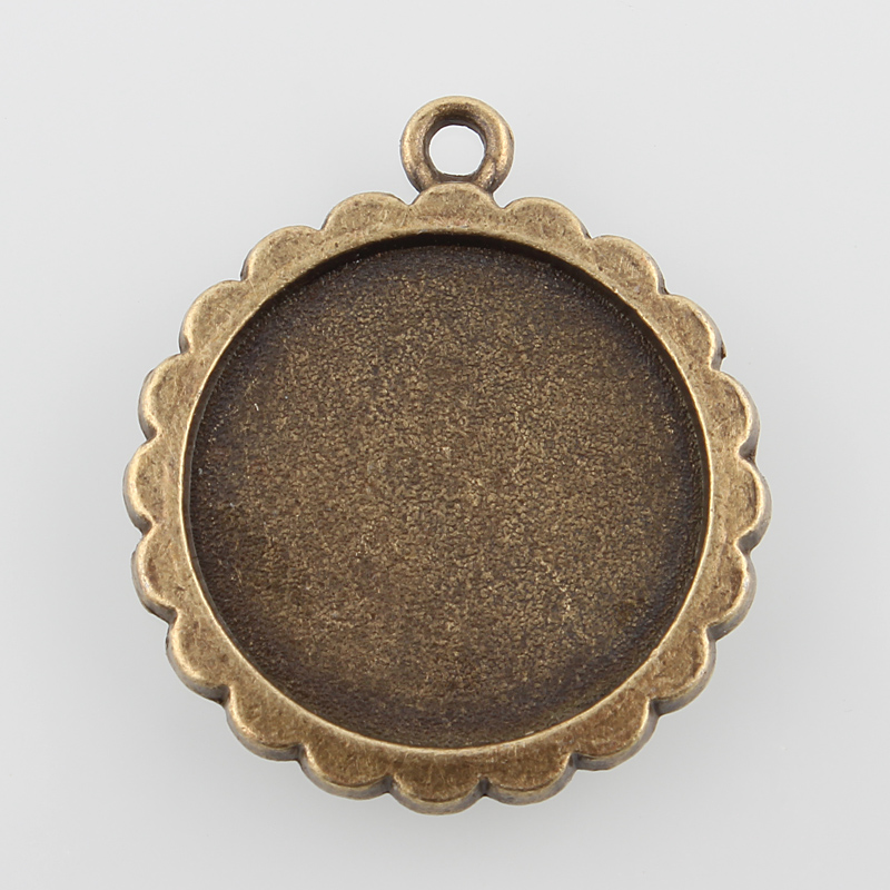 PandaHall Vintage Flat Round Alloy Pendant Cabochon Settings, Nickel Free, Antique Bronze, Tray: 20mm; 29x25x2mm, Hole: 2mm; about 240pcs/kg...