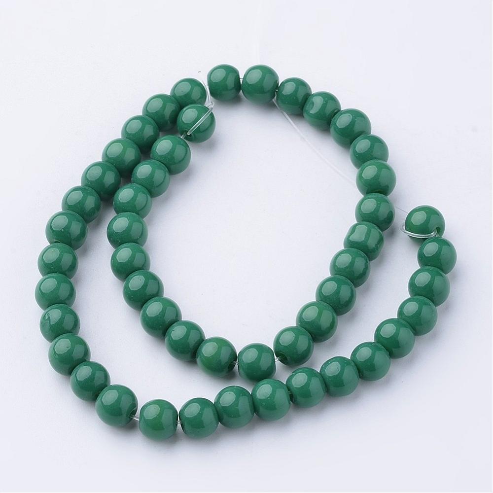 PandaHall Opaque Glass Bead Strands, Round, Dyed, Green, 6mm, Hole: 1mm; about 52pcs/strand, 11.4" Glass Round Green