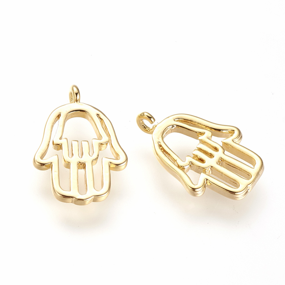 PandaHall Real Gold Plated Brass Pendants, Hamsa Hand/Hand of Fatima/Hand of Miriam, 17x12x1.5mm, Hole: 1mm Brass Palm