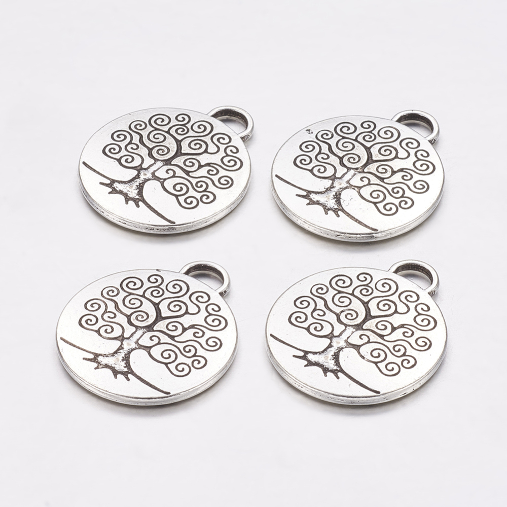 PandaHall Tibetan Style Tree of Life Pendants, Lead Free & Cadmium Free & Nickel Free, Flat Round, Antique Silver, 28x24x2mm, Hole: 4.5x2mm...