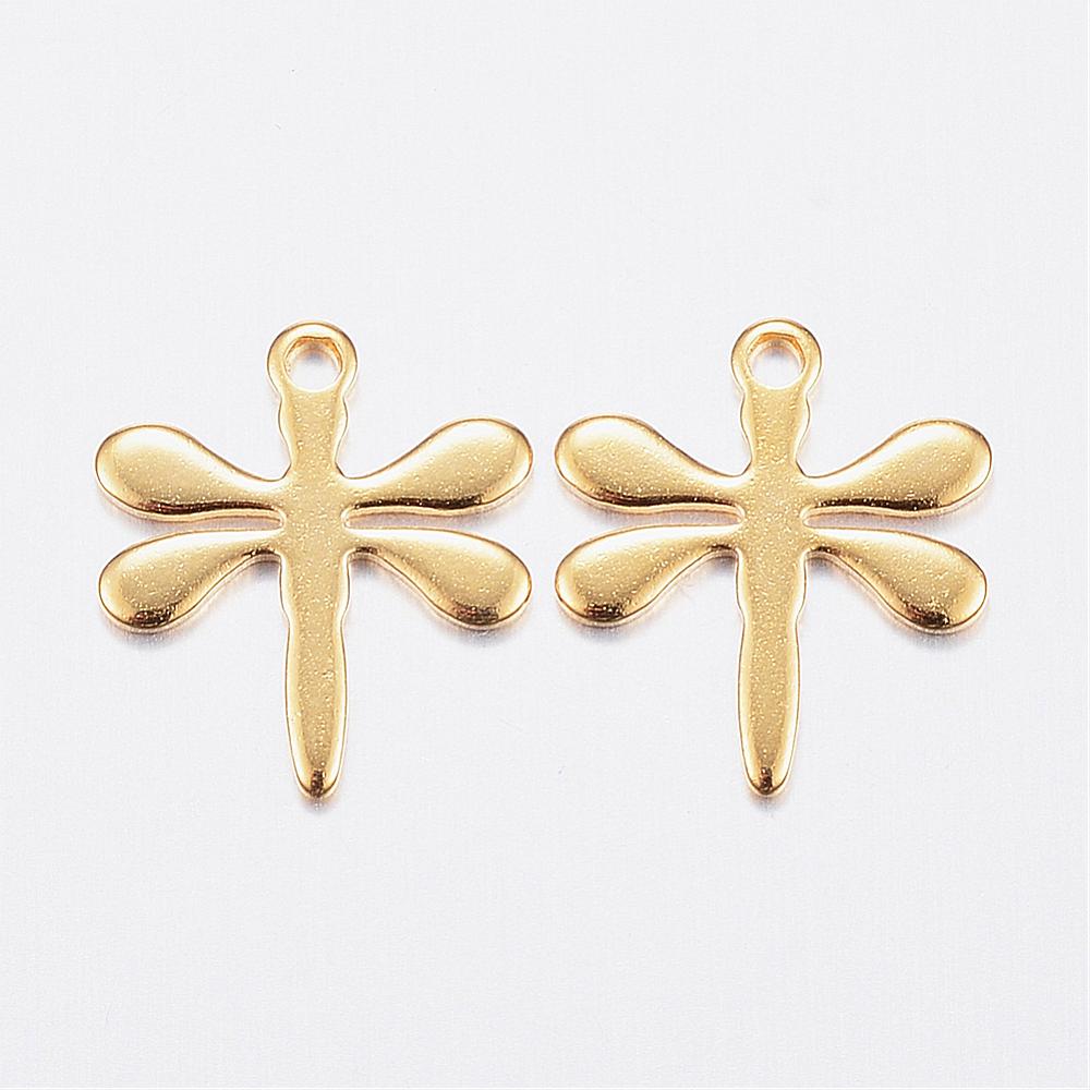 PandaHall 304 Stainless Steel Charms,  Dragonfly, Golden, 12x10.5x0.8mm, Hole: 1mm Stainless Steel Dragonfly