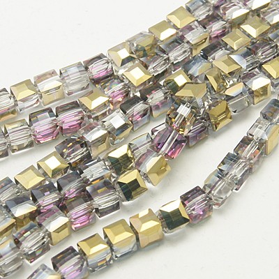 PandaHall Electroplate Glass Beads Strands, Half Plated, Faceted Cube, Plum, 4x4x4mm, Hole: 1mm; about 100pcs/strand, 16.9" Cube Purple