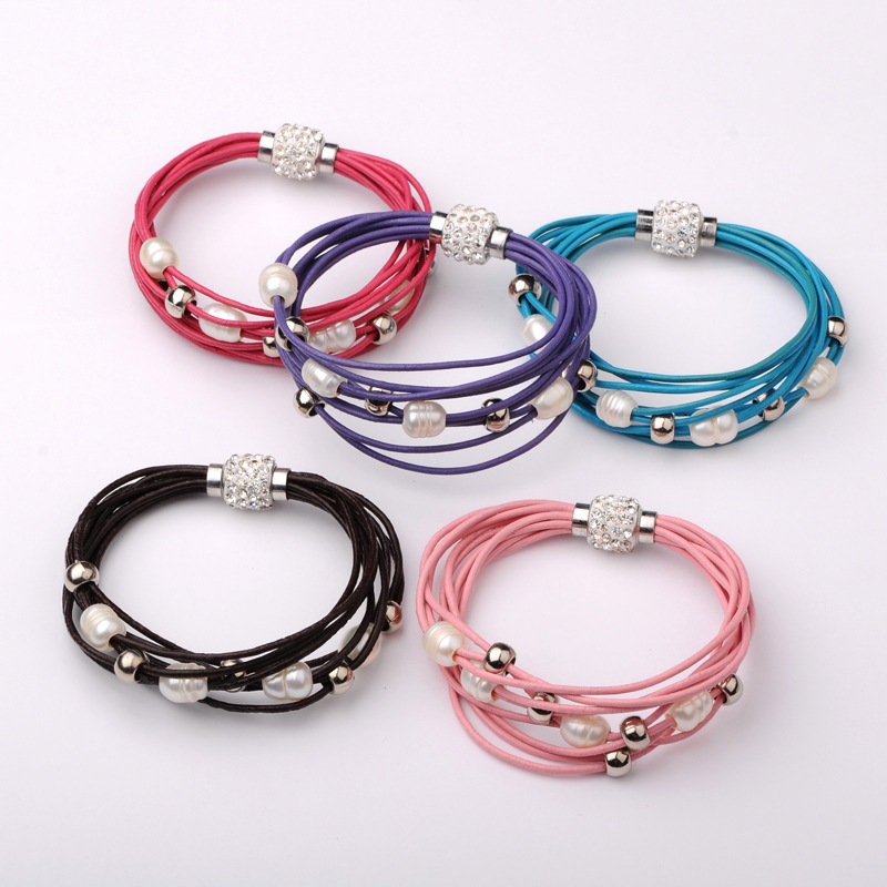 PandaHall Trendy Cowhide Leather Cord Multi-strand Bracelets, with Freshwater Pearl Beads, CCB Plastic Beads and Polymer Clay Rhinestone...