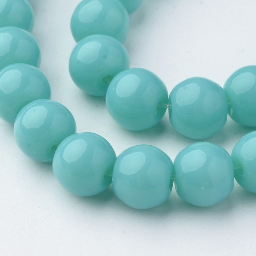 PandaHall Glass Beads Strands, Round, Dyed, Aquamarine, 8mm, Hole: 1mm; about 36pcs/strand, 10.4" Glass Round Green