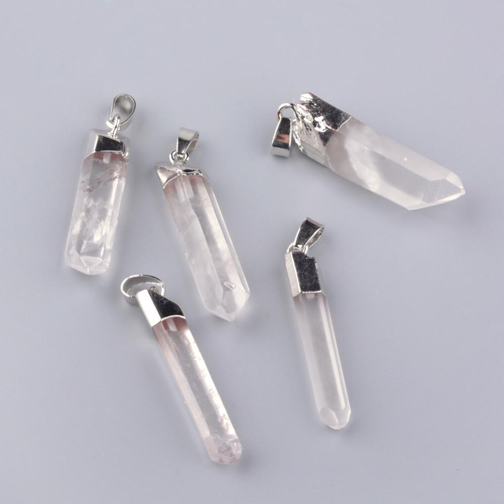 PandaHall Electroplate Natural Quartz Pendants, with Iron Findings, Platinum, 35~47x10~16x10~15mm, Hole: 6x3mm Quartz Crystal Others