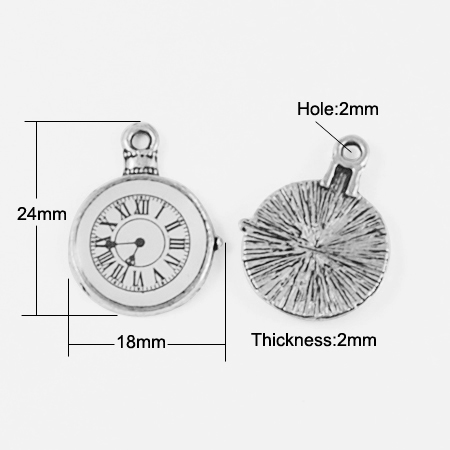 PandaHall Tibetan Style Pendants, Cadmium Free & Nickel Free & Lead Free, Clock, Antique Silver, 24x18x2mm, Hole: 2mm Alloy Flat Round