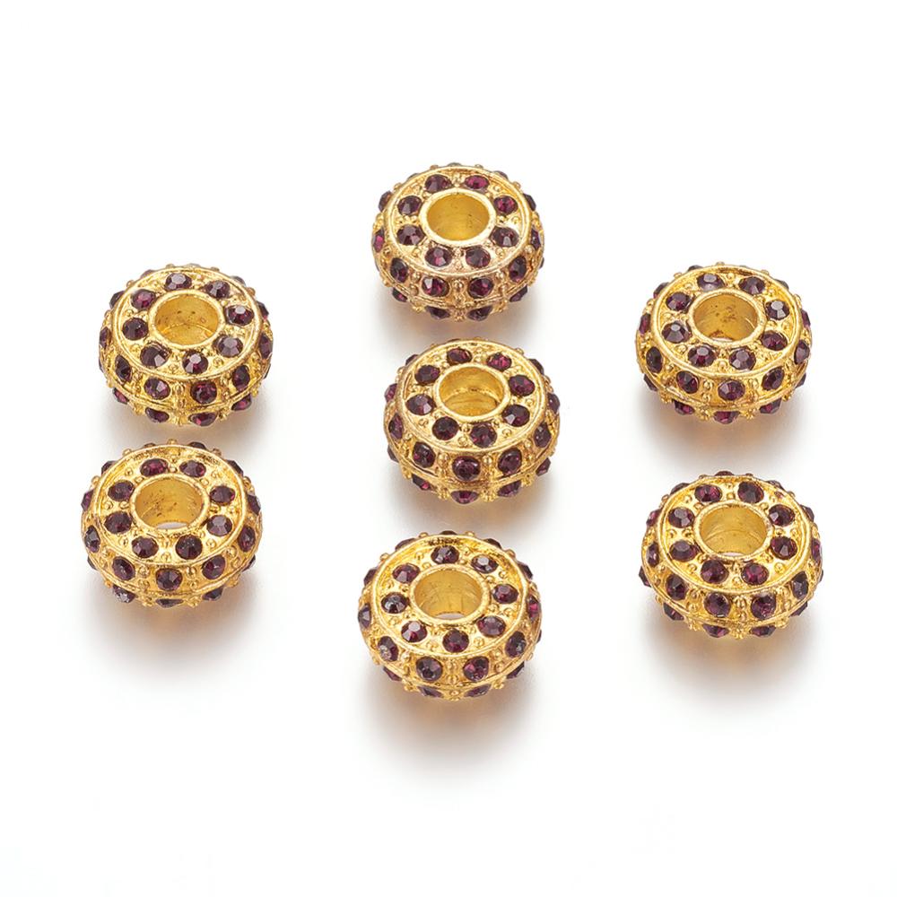 PandaHall Alloy Rhinestone European Beads, Large Hole Beads, Golden Metal Color, Rondelle, Jet, 14x7mm, Hole: 5mm Rondelle Black