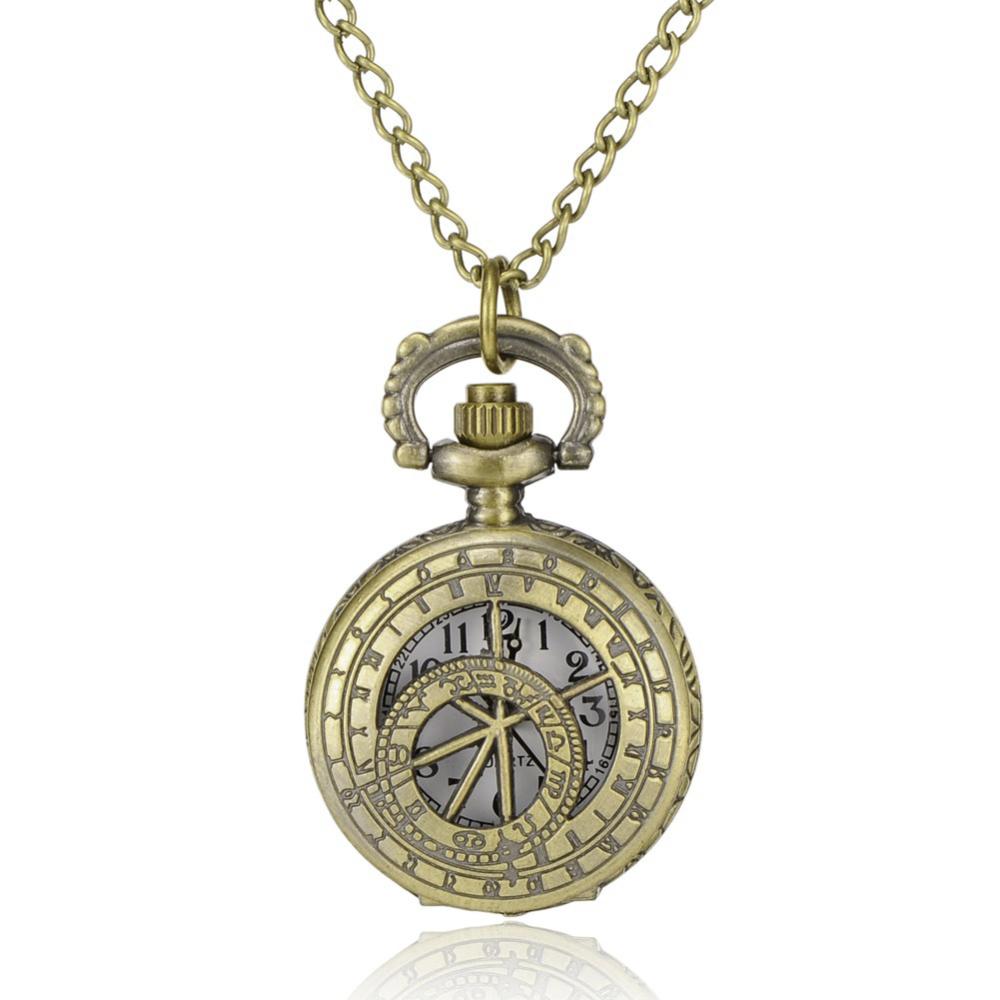PandaHall Roman Numbers Flat Round Alloy Quartz Pocket Watches, with Iron Chains and Lobster Claw Clasps, Antique Bronze, 31.4"; Watch Head...