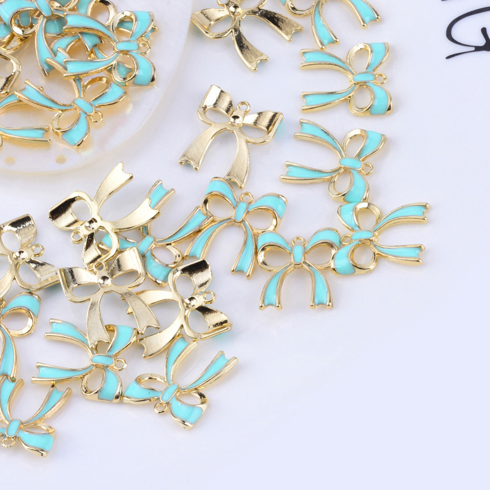 PandaHall Bowknot Alloy Enamel Pendants, Cyan, 19.5x17.5x3mm, Hole: 1.5mm Alloy+Enamel Bowknot Cyan