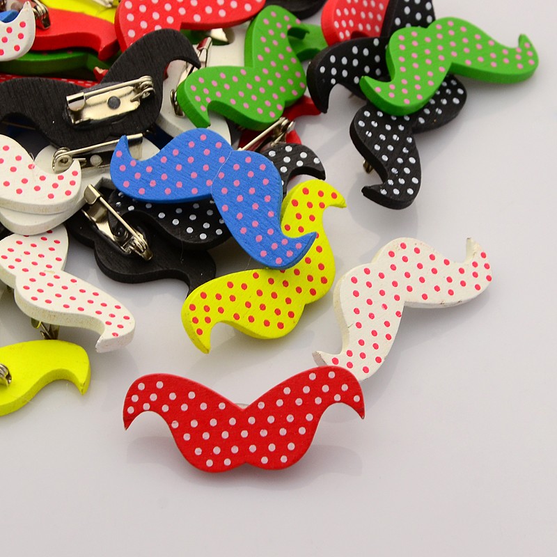 PandaHall Lovely Iron Back Bar Pin Polka Dot Printed Wood Mustache Brooches, Beard, Mixed Color, 16x38mm, Pin: 0.6mm Iron Multicolor