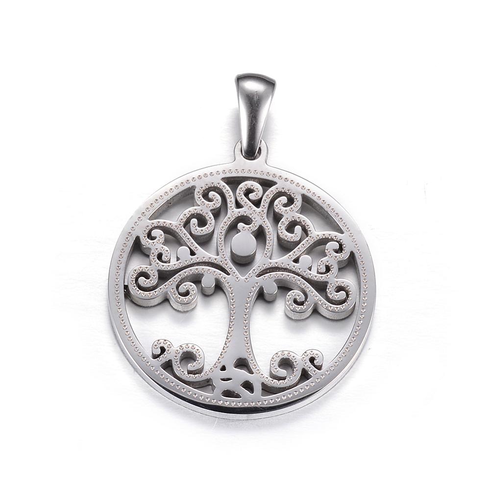 PandaHall 304 Stainless Steel Pendants, Flat Round with Tree of Life, Stainless Steel Color, 27.5x25x2mm, Hole: 7x3mm Stainless Steel Tree