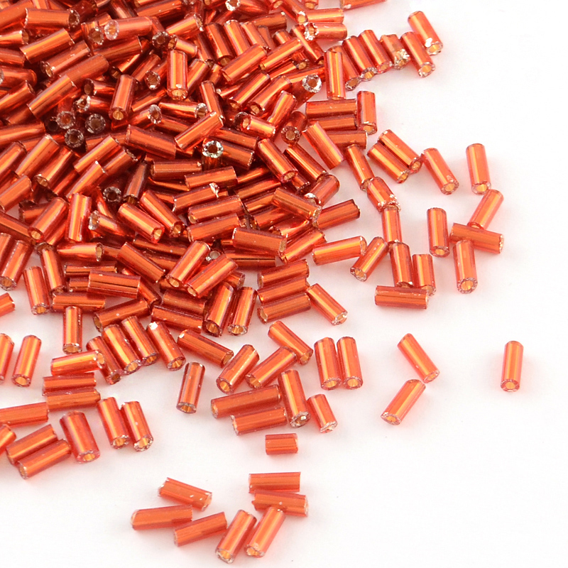PandaHall Tube Glass Bugle Beads, Silver Lined, Red, 4~4.5x2mm, Hole: 1mm; about 1556pcs/50g Glass Red