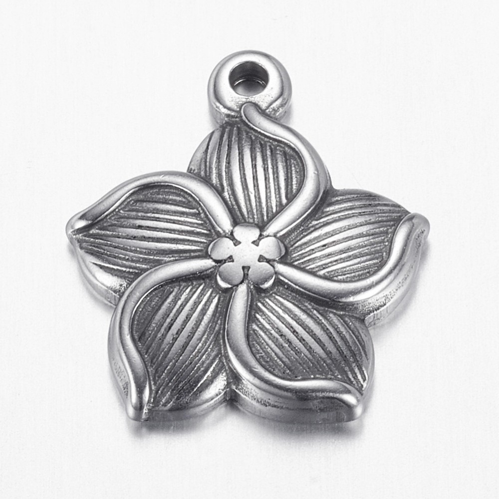 PandaHall 304 Stainless Steel Pendants, Flower, Stainless Steel Color, 19x17x3mm, Hole: 1.5mm Stainless Steel Flower