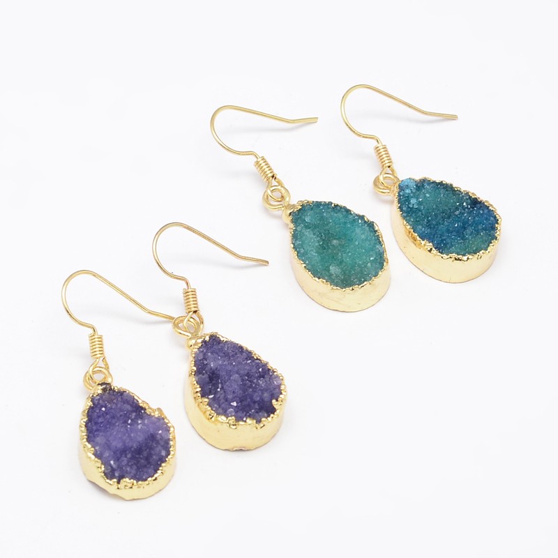 PandaHall Drop Electroplated Natural Druzy Crystal Dangle Earrings, with Golden Plated Brass Hooks, Dyed, Mixed Color, 34mm; Pin: 0.8mm...
