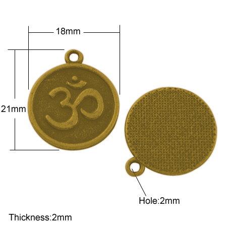 PandaHall Tibetan Style Pendants, Ohm/Aum, Lead Free, Flat Round, Antique Golden, 21x18x2mm, Hole: 2mm Alloy Flat Round