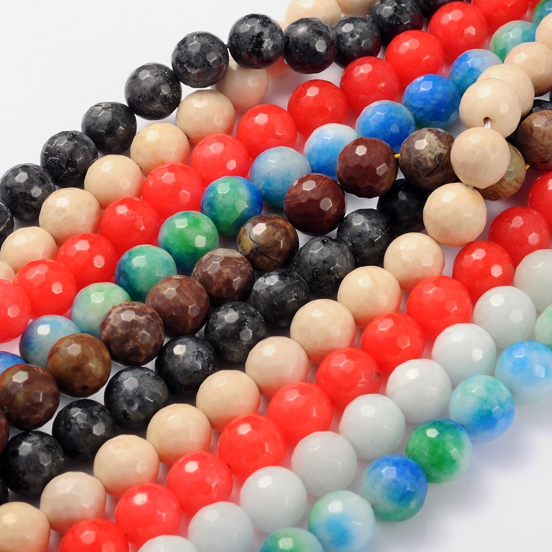 PandaHall Gemstone Beads Strands, White Jade, Natural, Faceted Round, Dyed, Mixed Color, about 12mm in diameter, hole: 1mm, 32 pcs/strand...