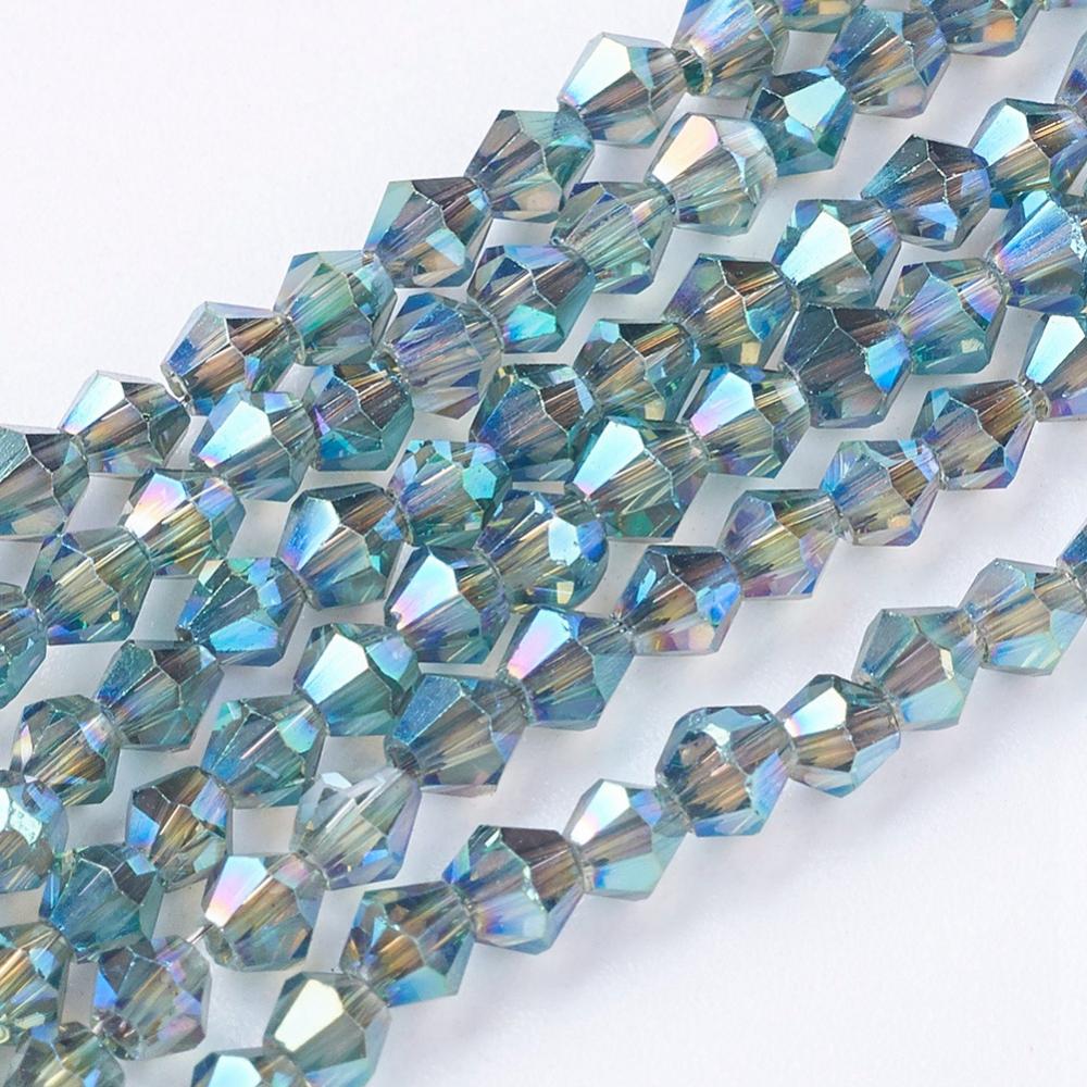 PandaHall Electroplate Glass Beads Strands, Full Plated, Faceted, Bicone, Teal, 3x3mm, Hole: 1mm; about 150pcs/strand, 13.8" Bicone Cyan