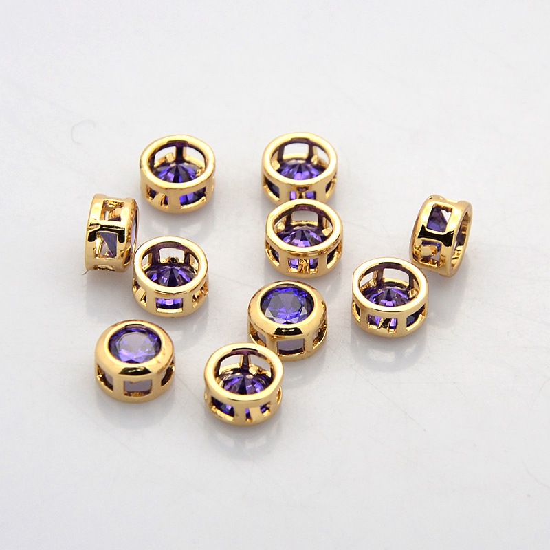 PandaHall Real Gold Plated Brass Rhinestone Beads, Flat Round, Tanzanite, 7x4mm, Hole: 2x2mm Brass+Rhinestone Flat Round
