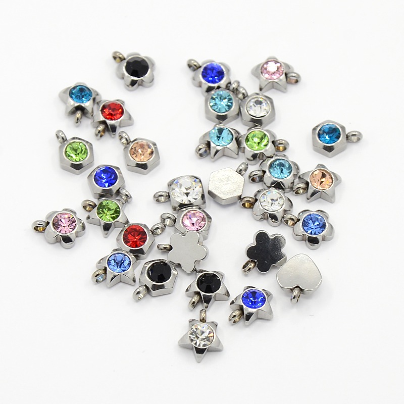 PandaHall 304 Stainless Steel Rhinestone Charm Pendants, Grade A, Faceted, Mixed, Mixed Color, 9x6~8x3~4mm, Hole: 1mm Stainless...