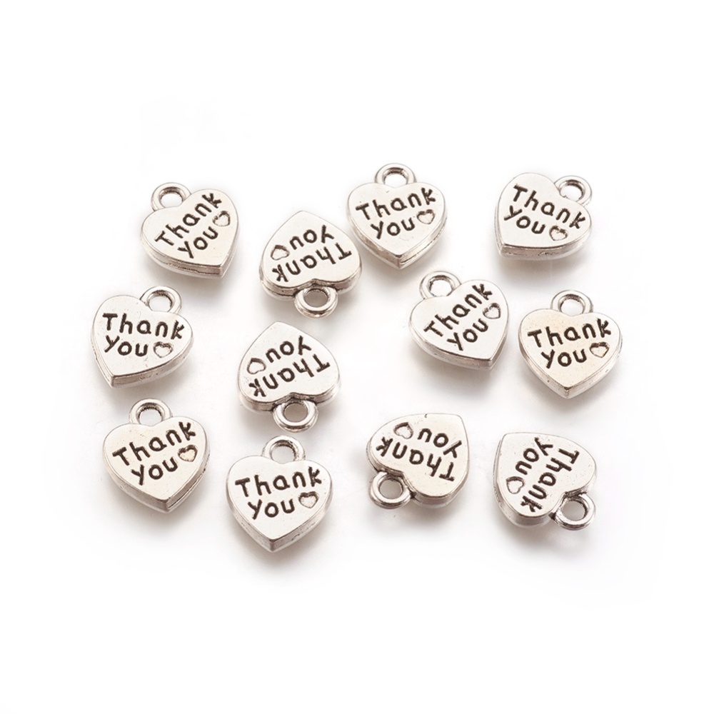 PandaHall Tibetan Style Charms, Heart with Thank You, Lead Free, Antique Silver, 12x10x2mm, Hole: 2mm Alloy Heart