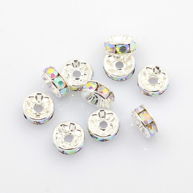 PandaHall Brass Rhinestone Spacer Beads, Grade A, AB Color, Silver, Rondelle, Clear AB, Size: about 8mm in diameter, 3.5mm thick, hole: 2mm...