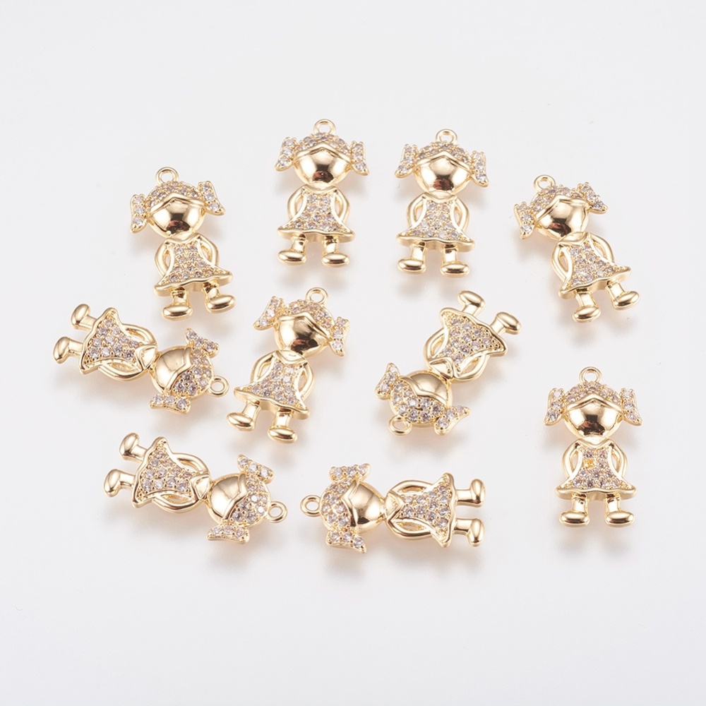 PandaHall Brass Micro Pave Cubic Zirconia Charms, Girl, Real Gold Plated, 16.5x9x2mm, Hole: 1mm Brass+Cubic Zirconia Human Clear