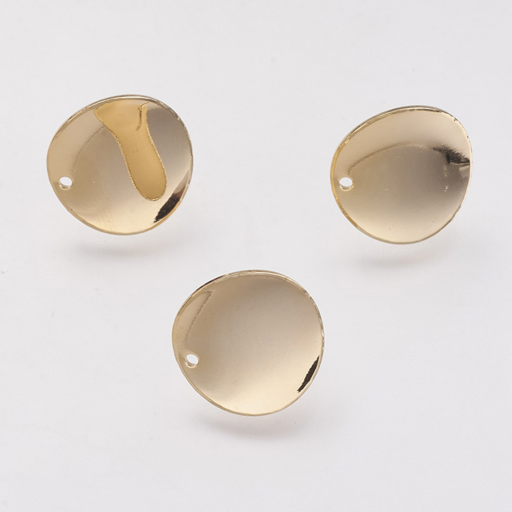 PandaHall Brass Stud Earring Findings, Real Gold Plated, Flat Round, 16x1.5mm, Hole: 1mm; Pin: 0.8mm Brass