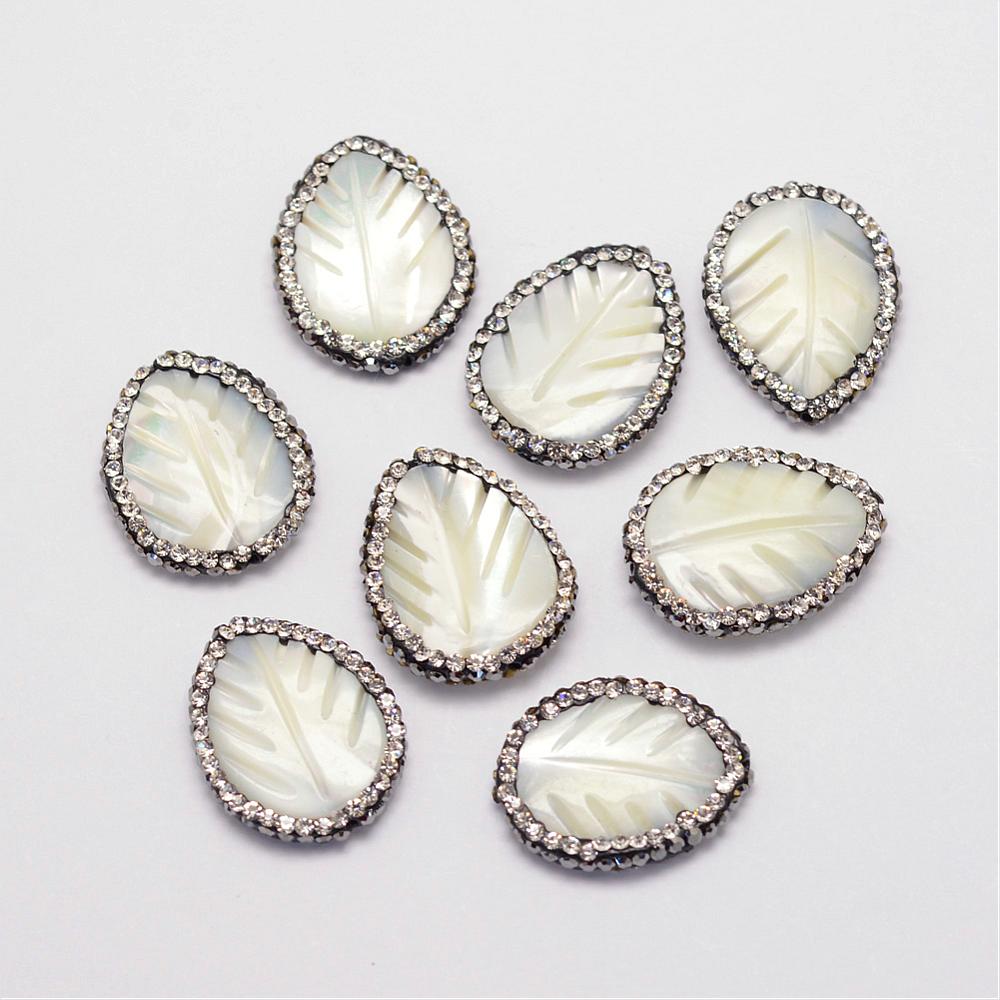 PandaHall Shell Beads, with Polymer Clay Rhinestones, Leaf, Seashell, 23x18x4.5mm, Hole: 1mm Other Sea Shell Leaf Ivory
