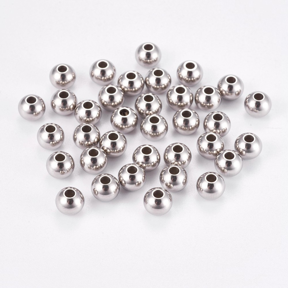 PandaHall 304 Stainless Steel Smooth Round Beads, Stainless Steel Color, 6x4.8mm, Hole: 2mm Stainless Steel Round