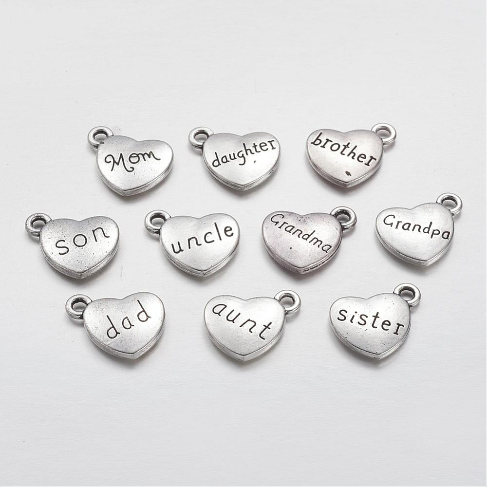 PandaHall Tibetan Style Alloy Pendants, Heart with Word, Family Theme, Antique Silver, 16x18x3mm, Hole: 2mm; 10pcs/set Alloy Heart