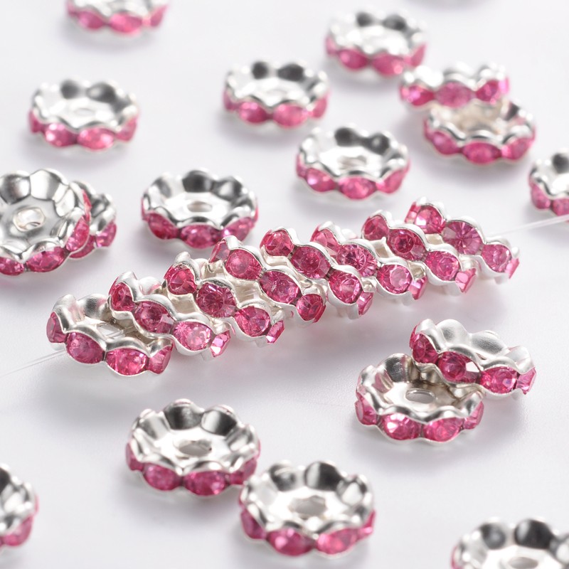 PandaHall Silver Plated Flat Round Brass Acrylic Rhinestone Spacer Beads, Wavy Edge, DeepPink, 10x4mm, Hole: 2mm Brass+Acrylic Rhinestone...