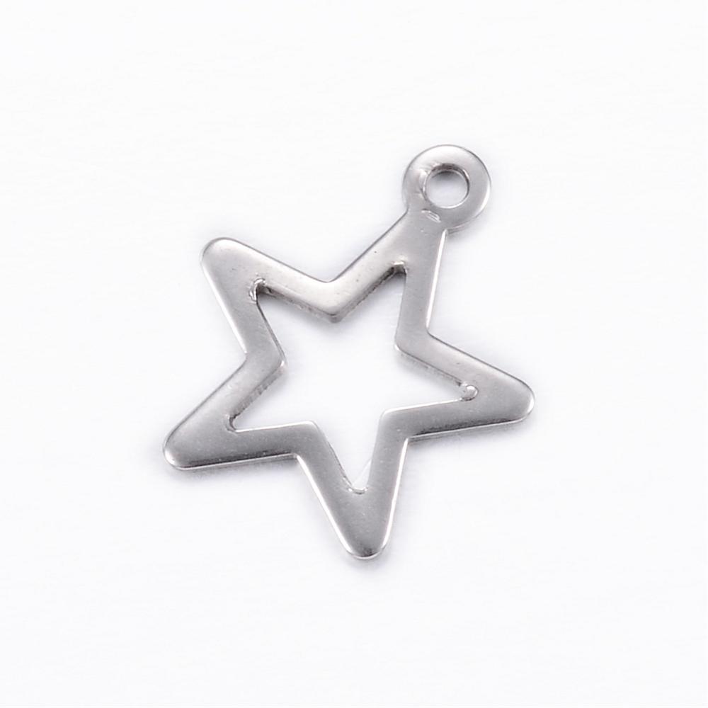 PandaHall 304 Stainless Steel Charms, Star, Stainless Steel Color, 15x13x0.8mm, Hole: 1mm Stainless Steel Star