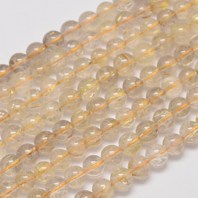 PandaHall Natural Rutilated Quartz Round Bead Strands, 8mm, Hole: 1mm; about 50pcs/strand, 15.5" Rutilated Quartz Round