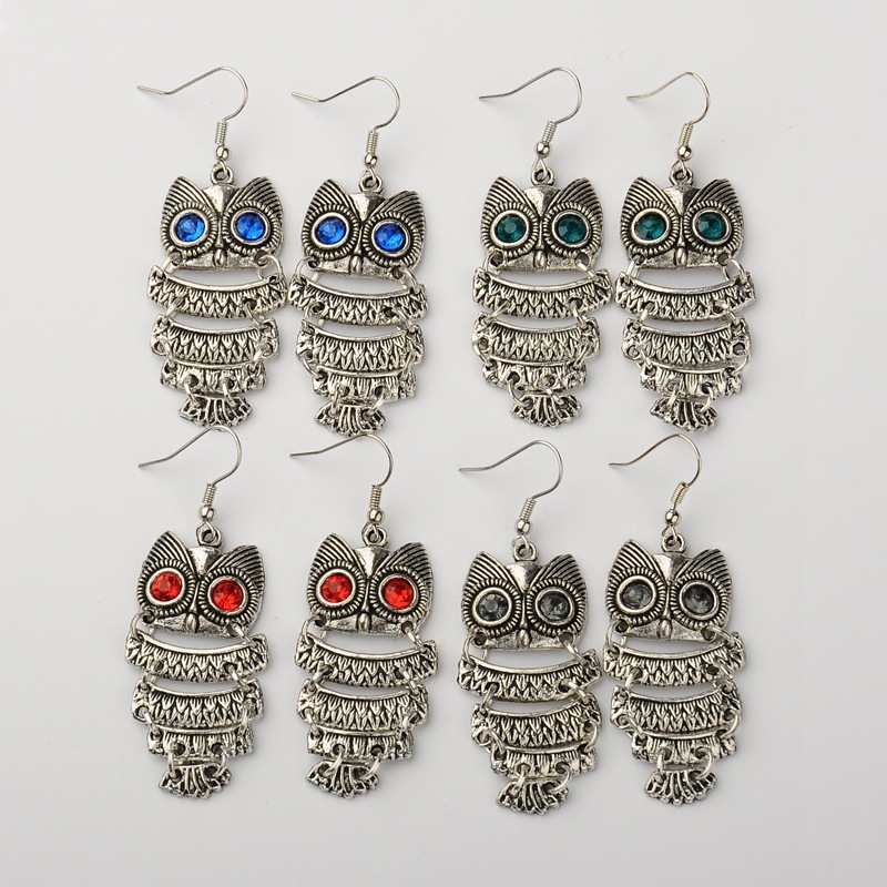PandaHall Dangling Alloy Acrylic Rhinestone Earrings, with Brass Earrings Hooks, Owl, Antique Silver and Platinum Metal Color, for Halloween...