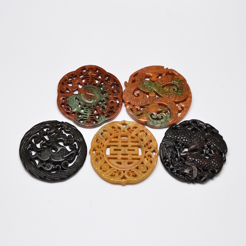 PandaHall Mixed Style Natural Henan Jade Big Pendants, Flat Round, 67~73x6~8mm, Hole: 1~3mm Jade Flat Round