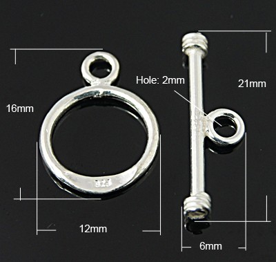 PandaHall Sterling Silver Toggle Clasps, Ring: 16x12mm, Bar: 21x6mm, Hole: 2mm Sterling Silver Ring Silver