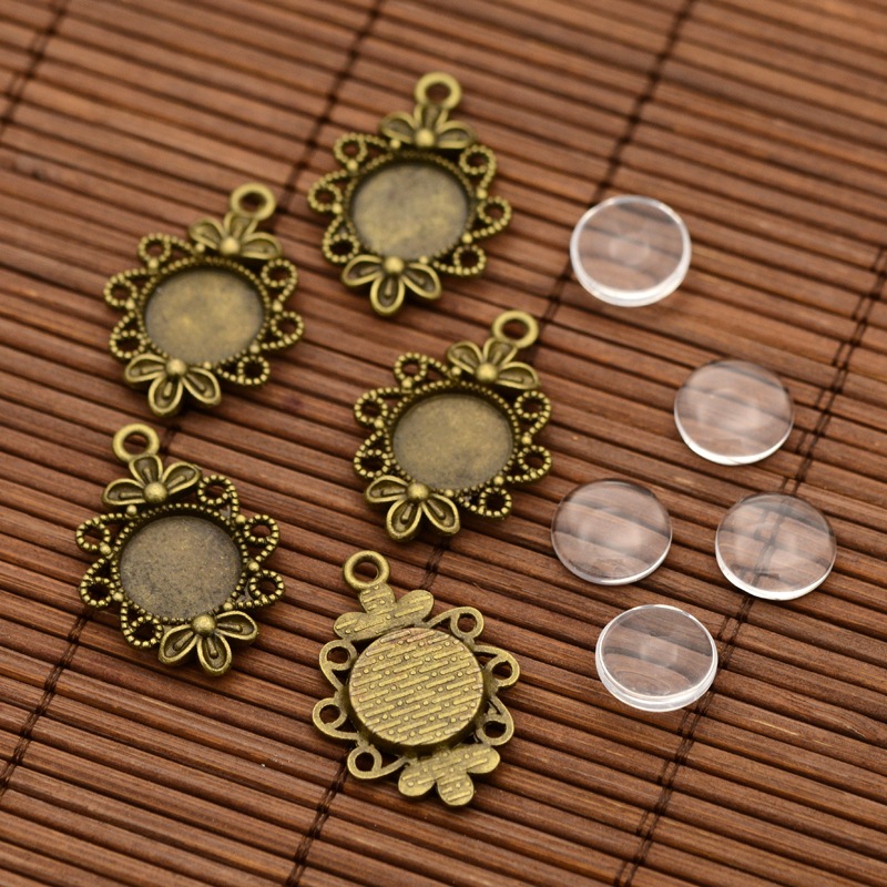 PandaHall Vintage Tibetan Style Alloy Flower Pendant Cabochon Bezel Settings and Transparent Flat Round Glass Cabochons, Nickel Free...
