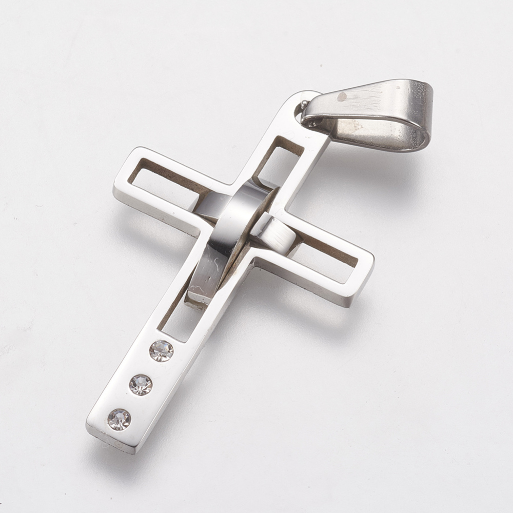 PandaHall 316 Stainless Steel Pendants, with Rhinestone, Cross, Stainless Steel Color, 30x18x3mm, Hole: 3x6mm Stainless Steel Cross