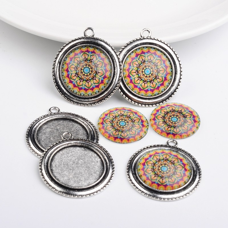 PandaHall Flat Round Alloy Pendant Cabochon Bezel Settings and Geometric Flower Printed Glass Cabochons, Antique Silver, Colorful, Settings...