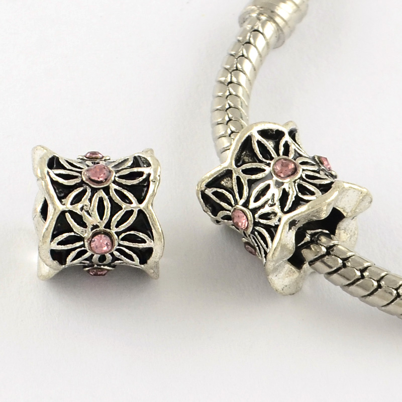 PandaHall Antique Silver Plated Alloy Rhinestone Large Hole European Beads, Column with Flower, Light Rose, 9x10mm, Hole: 5mm...