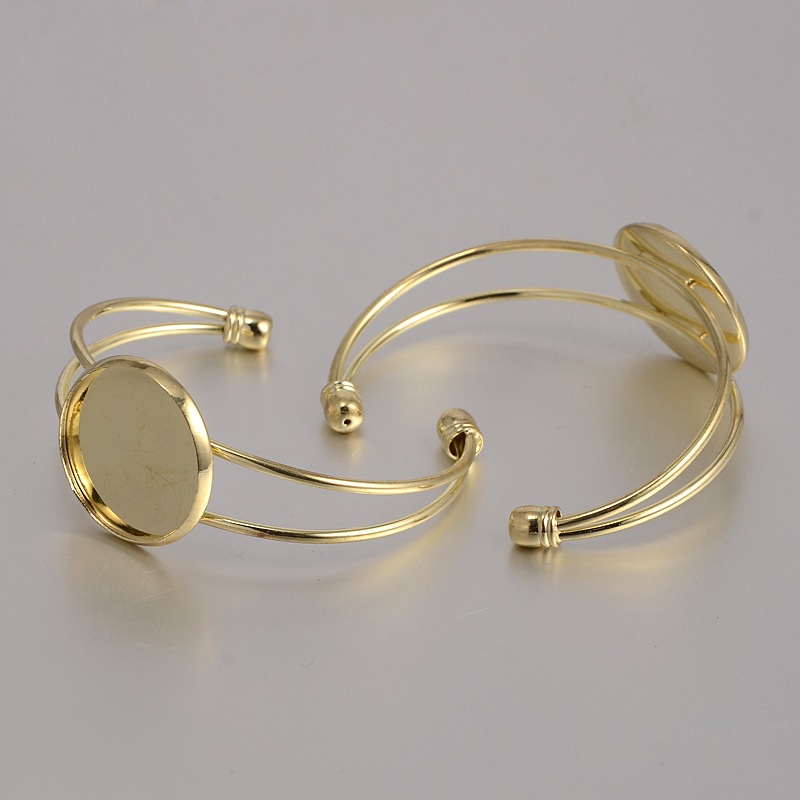PandaHall Brass Cuff Bangle Makings, Bangle Blanks, with Flat Round Tray, Golden, 60mm, Tray: 25mm Brass