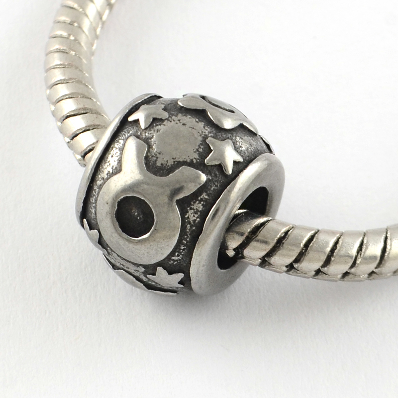 PandaHall Vintage Rondelle 316 Stainless Steel European Beads, Large Hole Beads, Constellation/Zodiac Signs, Taurus, 11x8.5mm, Hole: 5mm...