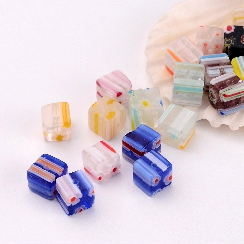 PandaHall Handmade Millefiori Glass Cube Bead Strands, Mixed Color, 6x6x6mm, Hole: 1mm Millefiori Lampwork Cube Multicolor