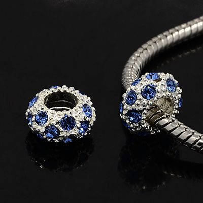 PandaHall Alloy Rhinestone European Beads, Large Hole Beads, Rondelle, Silver Metal Color, Light Sapphire, 11x6mm, Hole: 5mm Rondelle Blue