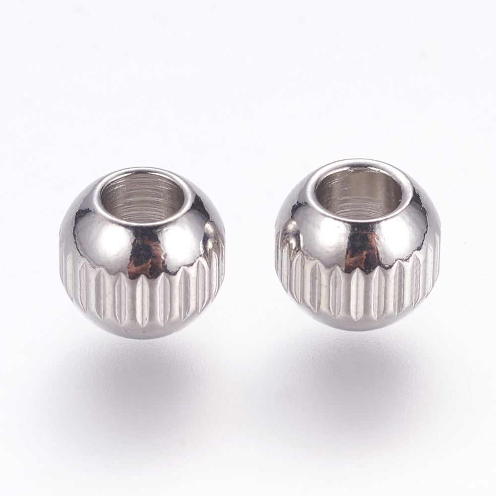 PandaHall 304 Stainless Steel Beads, Round with Vertical Stripes, Stainless Steel Color, 8x7mm, Hole: 3mm Stainless Steel Round