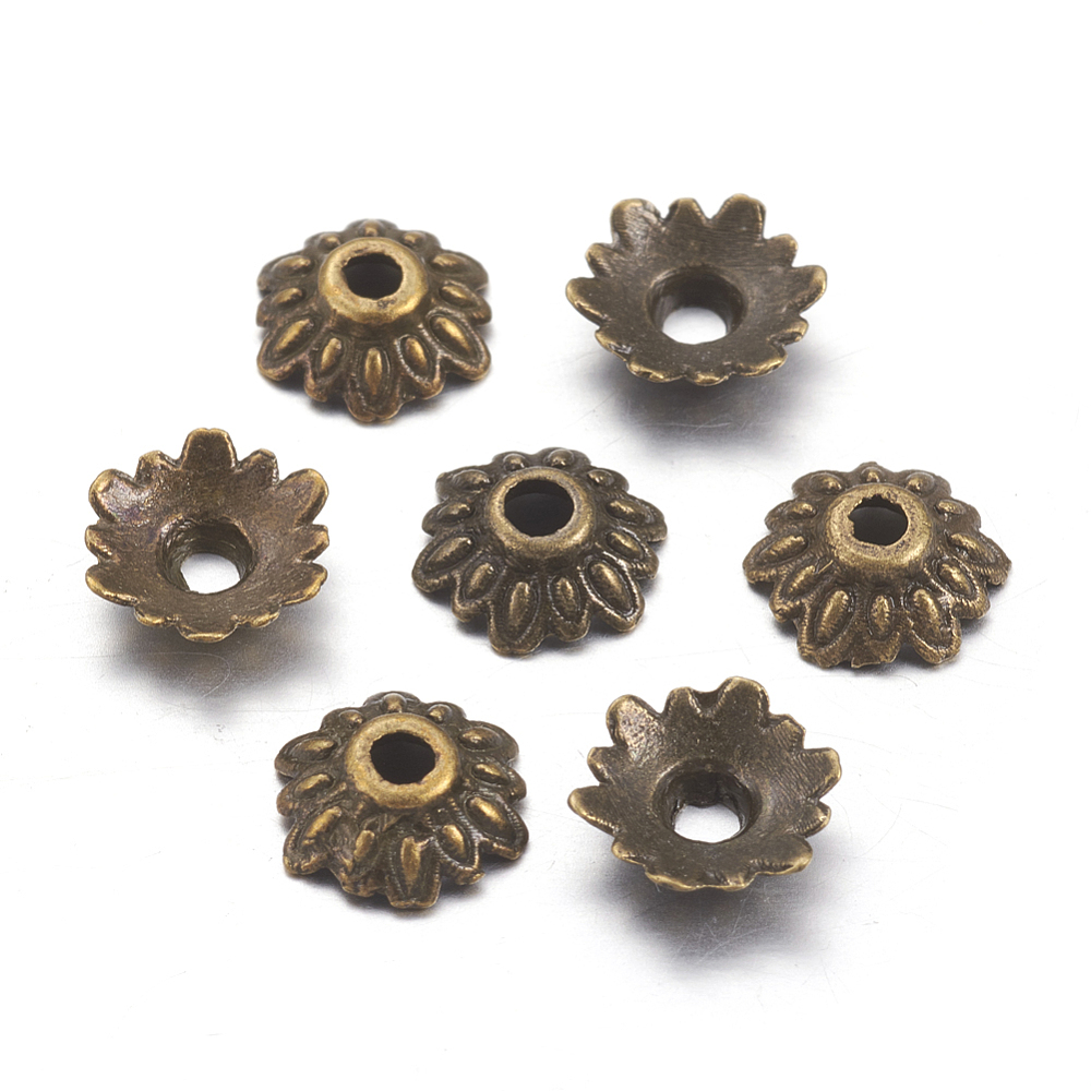 PandaHall Tibetan Style Alloy Bead Caps, Lead Free, Cadmium Free & Nickel Free, Antique Bronze Color, Flower, 8mm long, 2.5mm thick, hole...