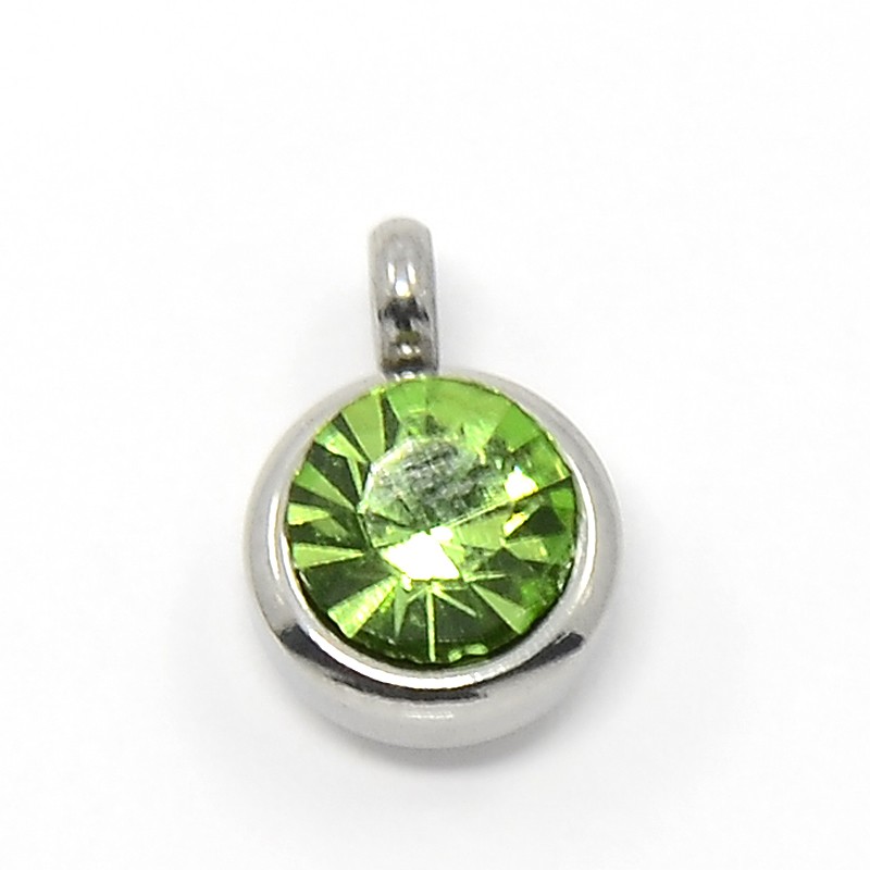 PandaHall Trendy Original Color 304 Stainless Steel Grade A Rhinestone Flat Round Charm Pendants, Faceted, Peridot, 9x6.5x4mm, Hole: 2mm...