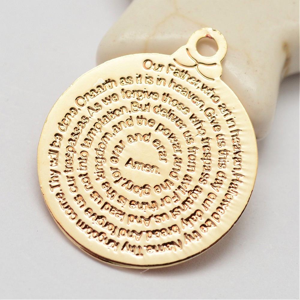 PandaHall Brass Pendants, Long-Lasting Plated, Flat Round, with Word, Saying Charms, Golden, 18.5x15x0.5mm, Hole: 1.5mm Brass Flat Round
